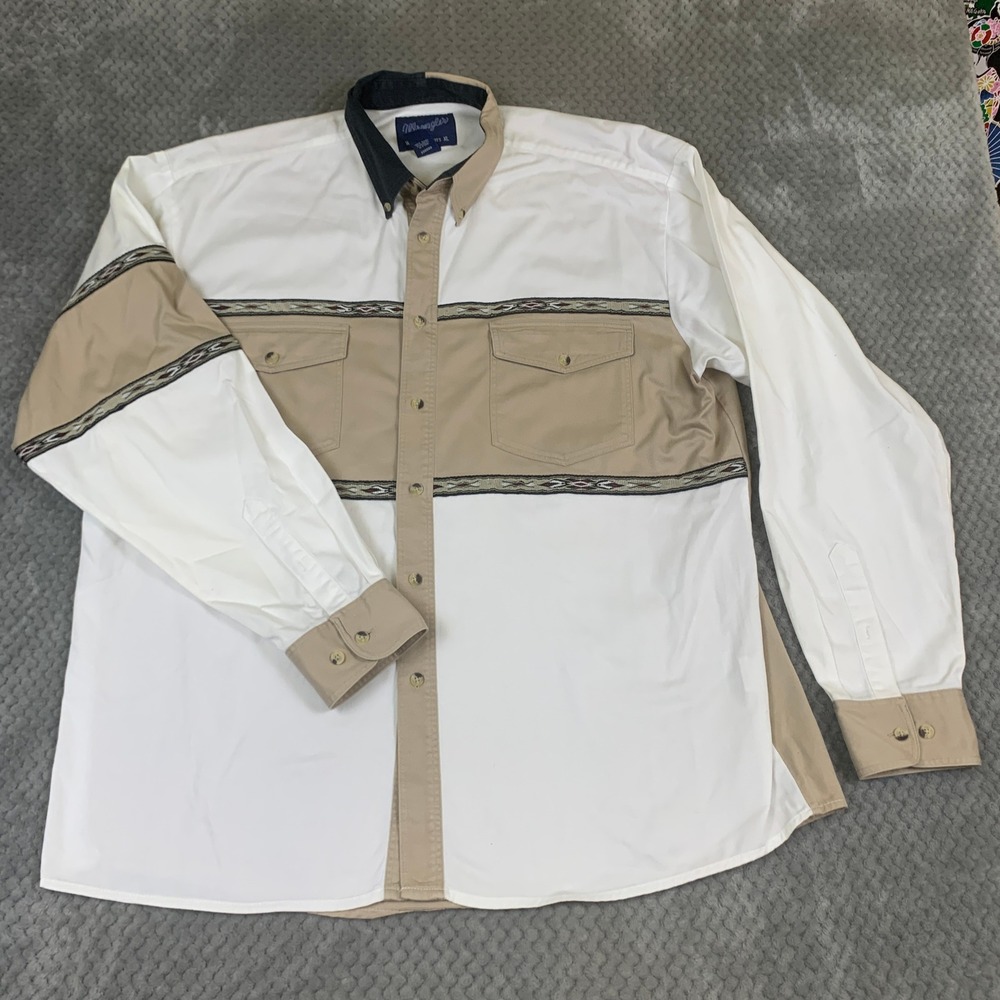 Wrangler Western Shirt Mens XL White Tan Colorblock Southwestern Embroidered